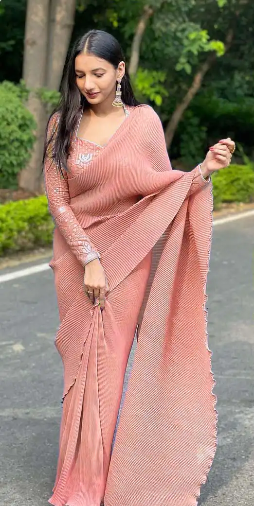 DF Pleated Orange Saree : Georgette Work : Pleating Work On All Over Saree Blouse : Heavy Georgette Party Wear, Festive @1799/- | Bollywood Sarees, Creative Sarees, Designer Sarees, Embroidered Sarees, Party Wear Sarees, Sarees