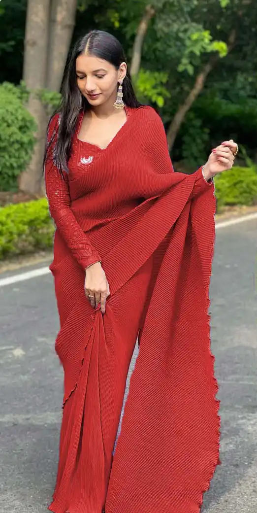 DF Pleated Red Saree : Georgette Work : Pleating Work On All Over Saree Blouse : Heavy Georgette Party Wear, Festive @1799/- | Bollywood Sarees, Creative Sarees, Designer Sarees, Embroidered Sarees, Party Wear Sarees, Sarees