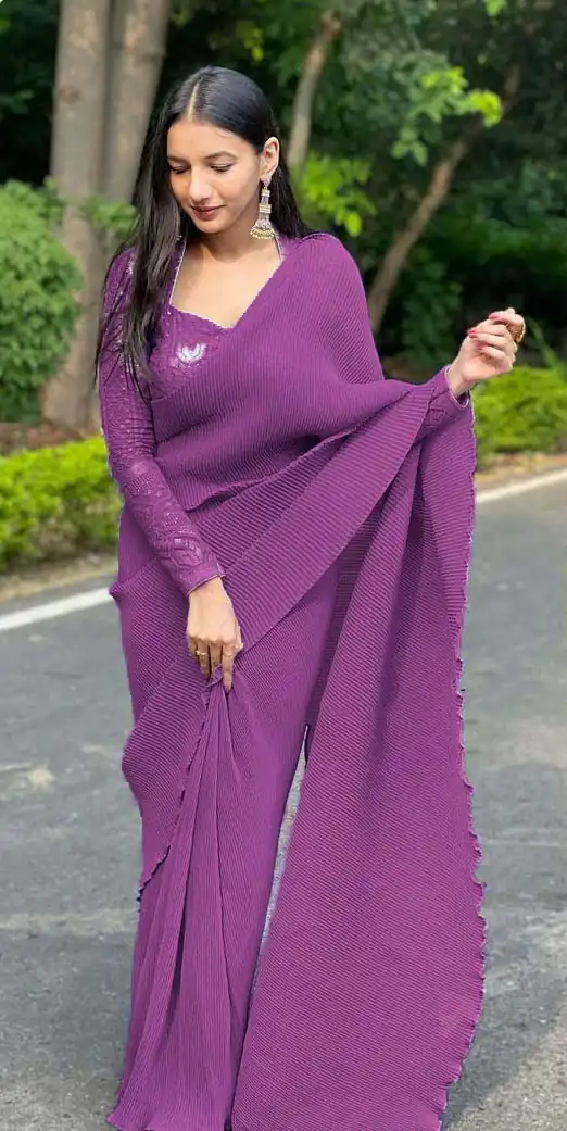 DF Pleated Violet Saree : Georgette Work : Pleating Work On All Over Saree Blouse : Heavy Georgette Party Wear, Festive @1799/- | Bollywood Sarees, Creative Sarees, Designer Sarees, Embroidered Sarees, Party Wear Sarees, Sarees
