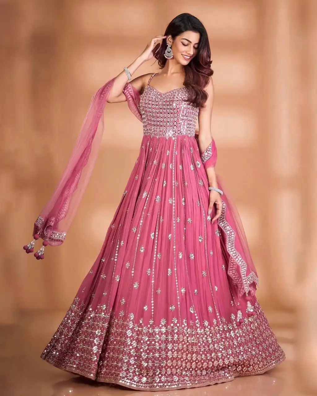 RTC 5416 Pink Gown : Georgette Dupatta : Butterfly Net Work : Embroidery With Heavy Sequence Work Wedding, Party, Festive @1999/- | Bollywood Gowns, Creative Gowns, Designer Gowns, Embroidered Gowns, Gowns, Party Wear Gowns