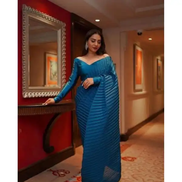 SN 706 Blue Saree : Japan Satin Silk Work : Fancy Pleating Work Casual, Party Wear, Wedding Parineeti Chopra In Peach @1399/- | Bollywood Sarees, Creative Sarees, Designer Sarees, Embroidered Sarees, Ethnic Saree, Modern Digital sarees, Party Wear Sarees, Sarees