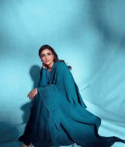 SN 706 Peacock Blue Saree : Japan Satin Silk Work : Fancy Pleating Work Casual, Party Wear, Wedding Parineeti Chopra In Peach @1399/- | Bollywood Sarees, Creative Sarees, Designer Sarees, Embroidered Sarees, Ethnic Saree, Modern Digital sarees, Party Wear Sarees, Sarees