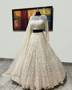 LG 433 White Lehenga : Georgette Blouse : Georgette Work : Embroidery Work Traditional Wear, Festive, Wedding, Events @1999/- | Bollywood Lehenga, Creative Lehenga, Designer Lehenga, Embroidered Lehenga, Lehenga, Party Wear Lehenga
