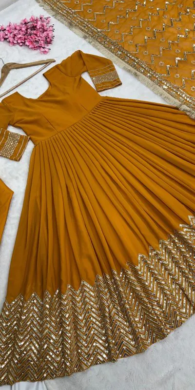 ZSR-3043 Yellow Color Gown : Fox Georgette Work : Embroidery Sequence Work Inner : Micro Cotton Traditional Wear, Wedding, Festive, Events. @2249/- | Bollywood Gowns, Creative Gowns, Designer Gowns, Embroidered Gowns, Gowns, Party Wear Gowns