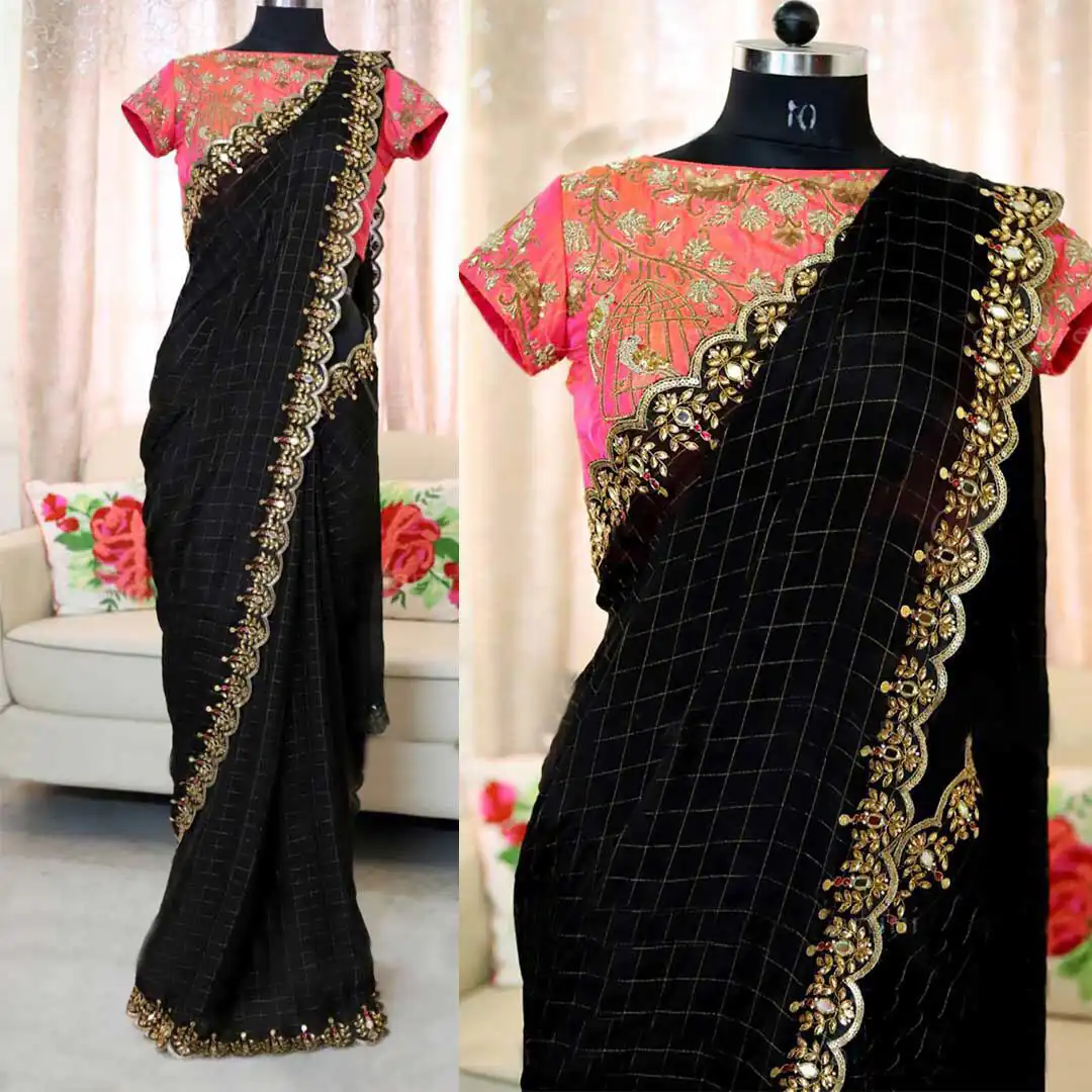 JR BLACK CHEXColor:  BlackFabrics: Chanderi Cotton Chex Blouse Fabrics: Sana Silk With beautiful Figure Work Work: Fancy Embroidery Work With Pearl Work | Bollywood Sarees, Boutique Collection, Designer Sarees, Embroidered Sarees, Party Wear Sarees, Saree Materials, Sarees
