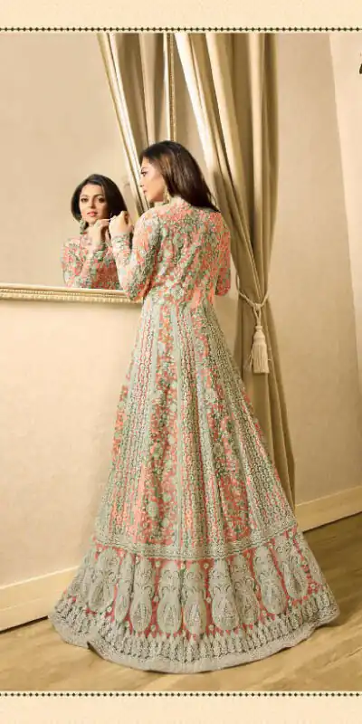 LT 1706 OrangeColor: OrangeFabrics: Top Fabric :Georgette Bottom Fabric : Santoon Dupatta Fabric : NazmeenStitch Type: Semi-Sttiched | Anarkali Suits, Bollywood Anarkali, Creative-Anarkali, Designer Anarkali, Embroidered Anarkali, Party Wear Anarkali