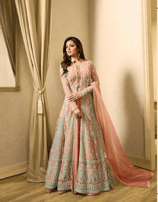 LT 1706 OrangeColor: OrangeFabrics: Top Fabric :Georgette Bottom Fabric : Santoon Dupatta Fabric : NazmeenStitch Type: Semi-Sttiched | Anarkali Suits, Bollywood Anarkali, Creative-Anarkali, Designer Anarkali, Embroidered Anarkali, Party Wear Anarkali