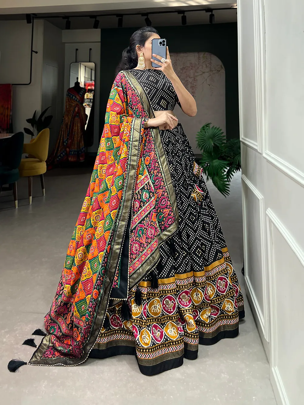 LNB1687 Black Color Lehenga : Tussar Silk Blouse : Patola Print Work : Foil Work Traditional Wear, Festive, Wedding, Events @2799/- | Bollywood Lehenga, Creative Lehenga, Designer Lehenga, Embroidered Lehenga, Lehenga, Party Wear Lehenga