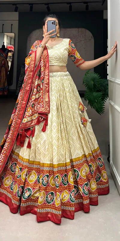 LNB1687 Yellow Color Lehenga : Tussar Silk Blouse : Patola Print Work : Foil Work Traditional Wear, Festive, Wedding, Events @2799/- | Bollywood Lehenga, Creative Lehenga, Designer Lehenga, Embroidered Lehenga, Lehenga, Party Wear Lehenga