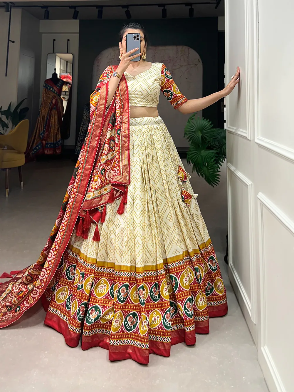 LNB1687 Yellow Color Lehenga : Tussar Silk Blouse : Patola Print Work : Foil Work Traditional Wear, Festive, Wedding, Events @2799/- | Bollywood Lehenga, Creative Lehenga, Designer Lehenga, Embroidered Lehenga, Lehenga, Party Wear Lehenga