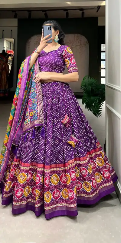 LNB1687 Purple Color Lehenga : Tussar Silk Blouse : Patola Print Work : Foil Work Traditional Wear, Festive, Wedding, Events @2799/- | Bollywood Lehenga, Creative Lehenga, Designer Lehenga, Embroidered Lehenga, Lehenga, Party Wear Lehenga