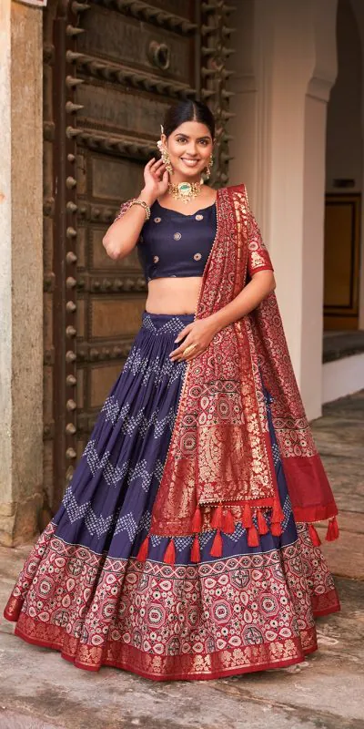 LNB 1614 Navy Blue Color Tussar Silk Dot And Ajarakh & Drawstring With Foil Printed & Heavy Tassels Lehenga Choli   Expected Delivery 4-6 Working Days 2449/- | Bollywood Lehenga, Creative Lehenga, Designer Lehenga, Embroidered Lehenga, Lehenga, Party Wear Lehenga