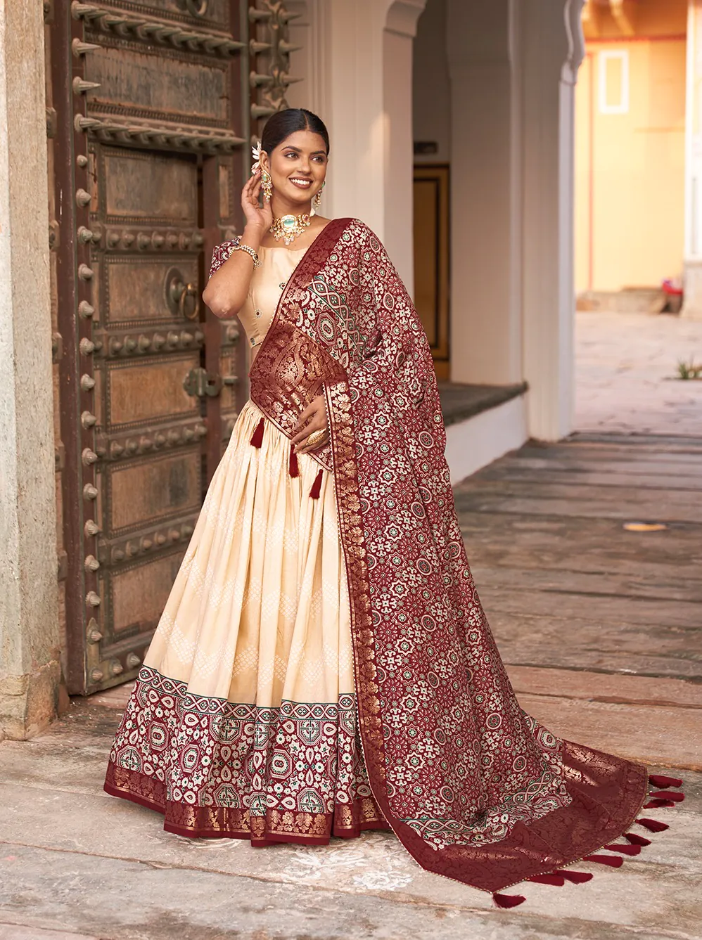 LNB 1614 Off White Color Tussar Silk Dot And Ajarakh & Drawstring With Foil Printed & Heavy Tassels Lehenga Choli   Expected Delivery 4-6 Working Days 2449/- | Bollywood Lehenga, Creative Lehenga, Designer Lehenga, Embroidered Lehenga, Lehenga, Party Wear Lehenga