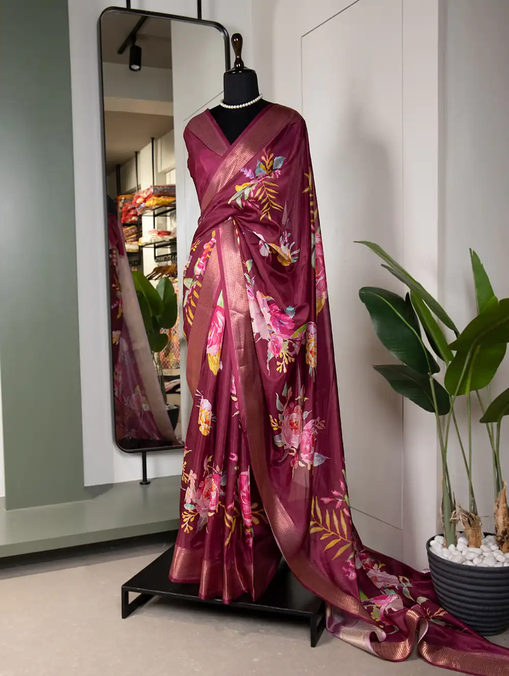 YNF 7005 Maroon Color Dola Silk Printed With Zari Border Saree Casual, Party Wear, Wedding, Events Etc. Expected Delivery 4-6 Working Days 1499/- | Bollywood Sarees, Creative Sarees, Designer Sarees, Ethnic Saree, Modern Digital sarees, Party Wear Sarees, Sarees