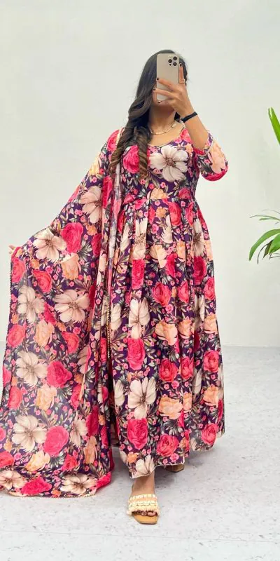 RC 264 Pink Color Heavy Chinon Printed Gown With Lace Border Dupatta Casual, Wedding, Party, Festive, Events Etc. 4-6 Working Days 1749/- | Bollywood Gowns, Creative Gowns, Designer Gowns, Embroidered Gowns, Gowns, Party Wear Gowns