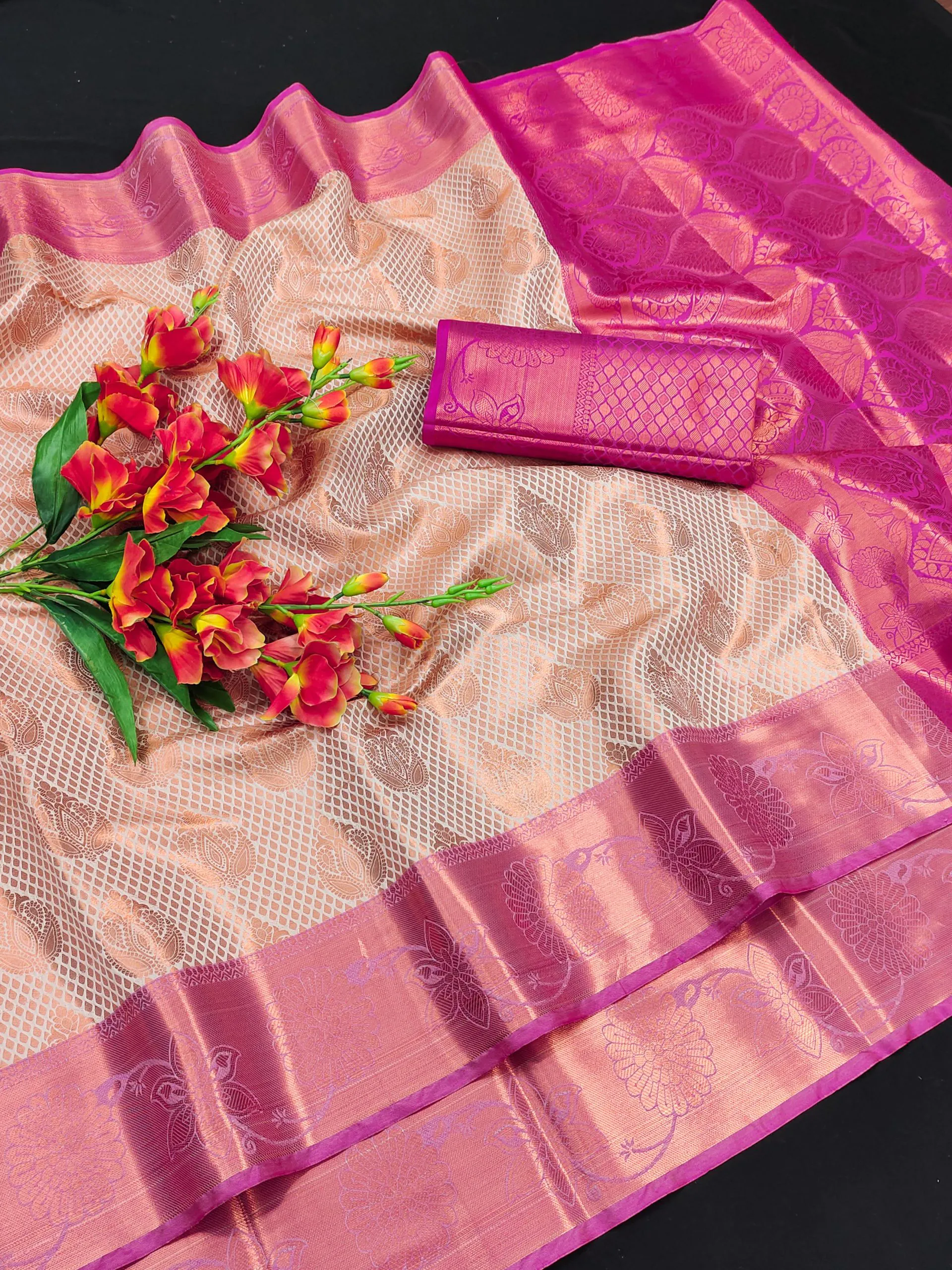 MB™3269 Golden Pink Color Lichi Silk Gold, Silver Zari Saree Casual, Party Wear, Wedding, Events, Festival, Etc. Expected Delivery 4-6 Working Days @1599/- | Bollywood Sarees, Creative Sarees, Designer Sarees, Embroidered Sarees, Ethnic Saree, Modern Digital sarees, Party Wear Sarees, Sarees