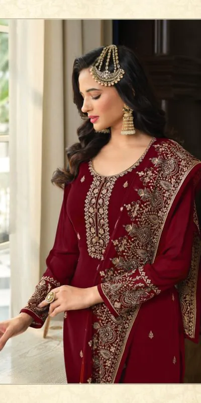 DS LT 8301 Maroon color Georgette Embroidery Sequence Work Sharara Suit Wedding, Festive, Events Etc. Expected Delivery 4-6 Working Days @2149/- | Jump Suits, Straight Suits, Casual Suits, Creative suits, Designer Suits, Palazzo Suits, Party Wear Suits, Patiala Suits, Salwar suit