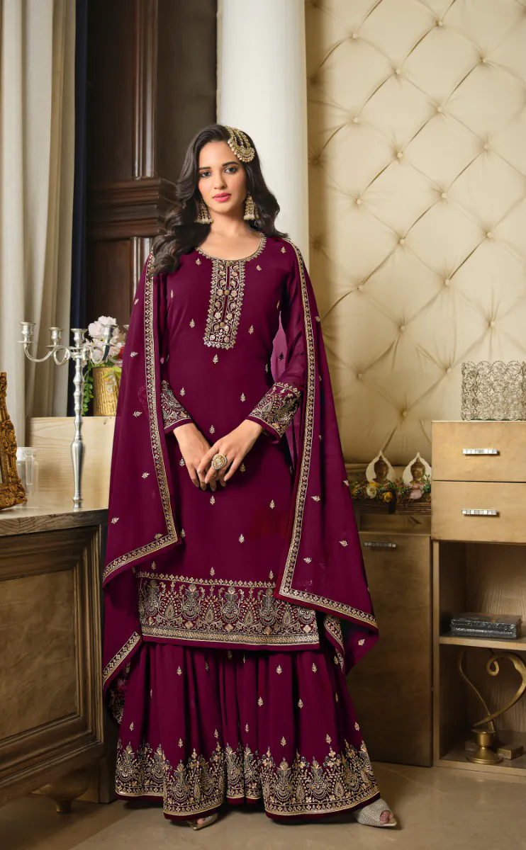 DS LT 8301 Purple color Georgette Embroidery Sequence Work Sharara Suit Wedding, Festive, Events Etc. Expected Delivery 4-6 Working Days @2149/- | Jump Suits, Straight Suits, Casual Suits, Creative suits, Designer Suits, Palazzo Suits, Party Wear Suits, Patiala Suits, Salwar suit