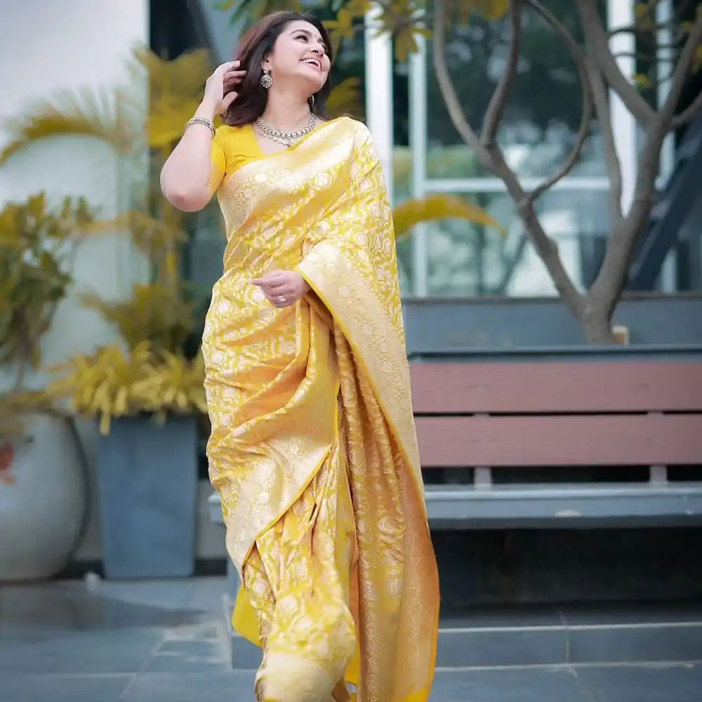 DDF Yellow Zalar Color Banarasi Soft Silk Ordinary Design Saree Casual, Party Wear, Wedding, Events, Etc. Expected Delivery 4-6 Working Days 1399/- | Bollywood Sarees, Creative Sarees, Designer Sarees, Embroidered Sarees, Ethnic Saree, Modern Digital sarees, Party Wear Sarees, Sarees