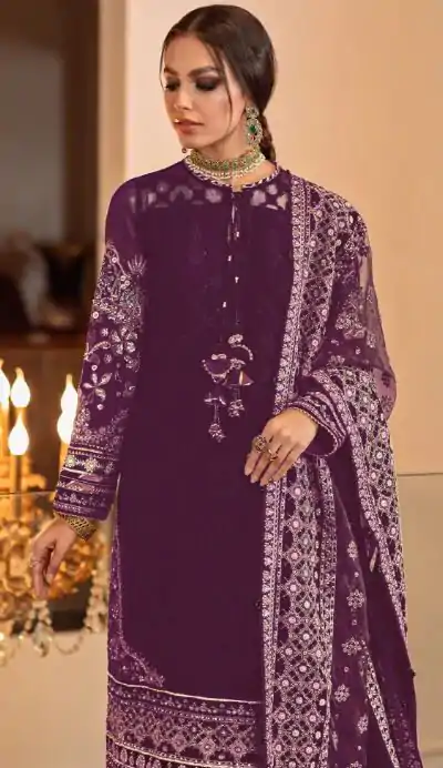 Ds 129 Purple Color Georgette Embroidery Stone Work Sharara Suit Wedding, Party, Festive, Events Etc. Expected Delivery 4-6 Working Days @2049/- | Casual Suits, Creative suits, Designer Suits, Palazzo Suits, Party Wear Suits, Salwar suit, Straight Suits