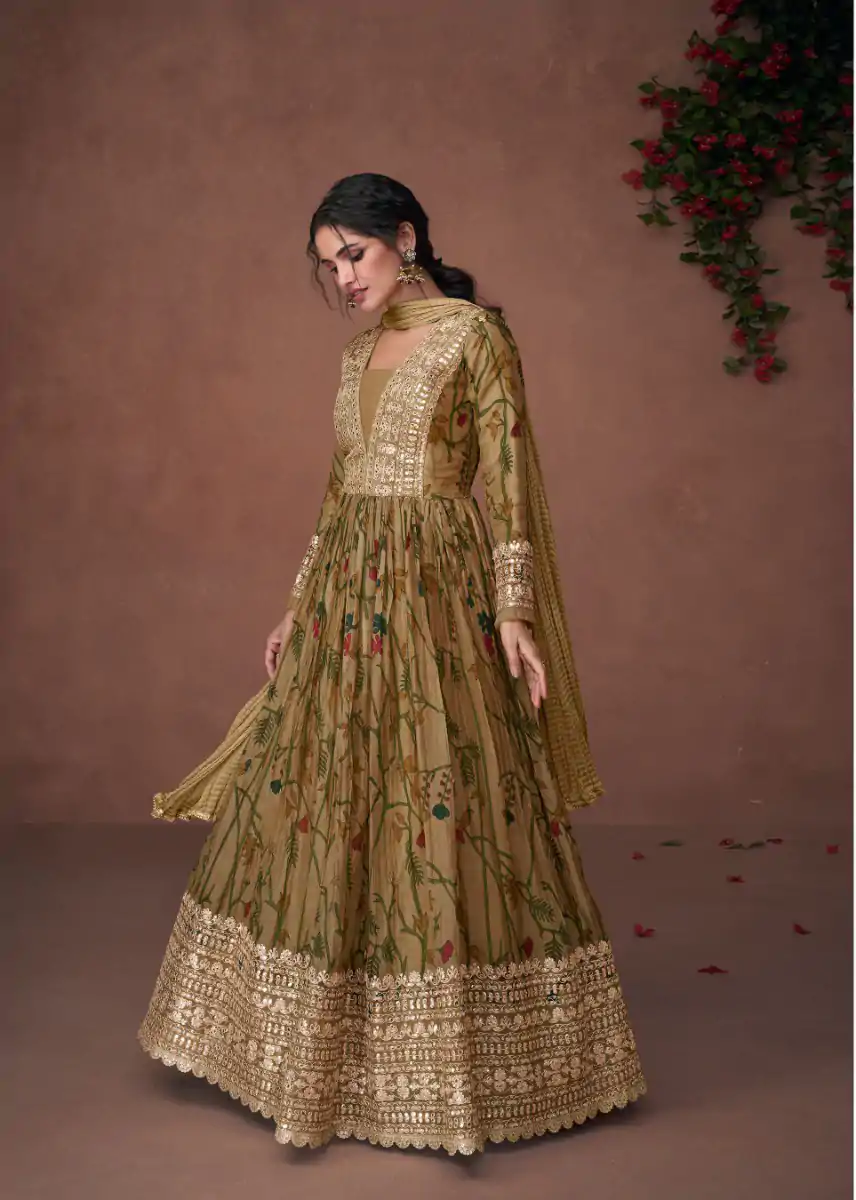 FC Sayuri 5300 Mehndi Gown Premium Organza Print Silk with Embroidery Work And Sequence Work Classic Anarkali Suit Wedding, Party, Festive @2499/- | Anarkali Suits, Bollywood Anarkali, Creative-Anarkali, Designer Anarkali, Embroidered Anarkali, Party Wear Anarkali