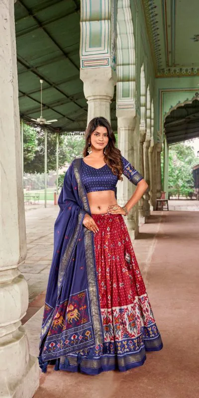 LNB1691 Red Color Tussar Silk Patola Foil Printed Lehenga Choli Festive, Wedding, Party, Events Expected Delivery 4-6 Working Days @2199/- | Bollywood Lehenga, Creative Lehenga, Designer Lehenga, Embroidered Lehenga, Lehenga, Party Wear Lehenga