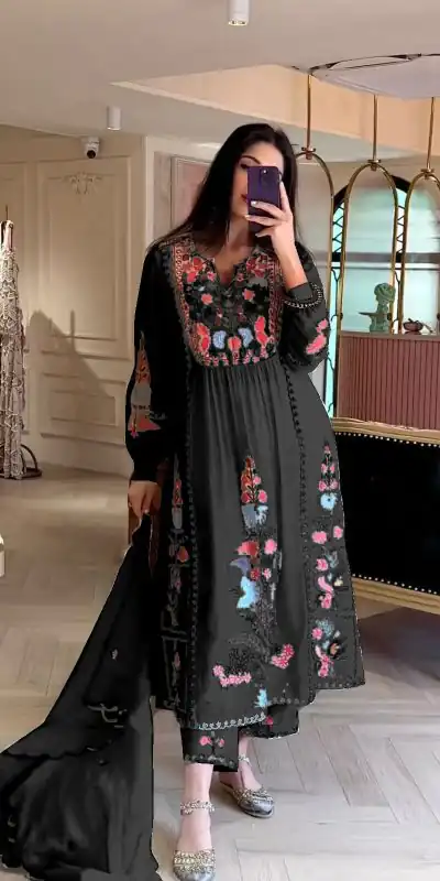 AD118 Black Color Georgette Embroidery Work Salwar Suit Casual, Wedding, Festive, Events Etc. Expected Delivery 4-6 Working Days @1950/- | Jump Suits, Casual Suits, Creative suits, Designer Suits, Palazzo Suits, Party Wear Suits, Salwar suit, Straight Suits