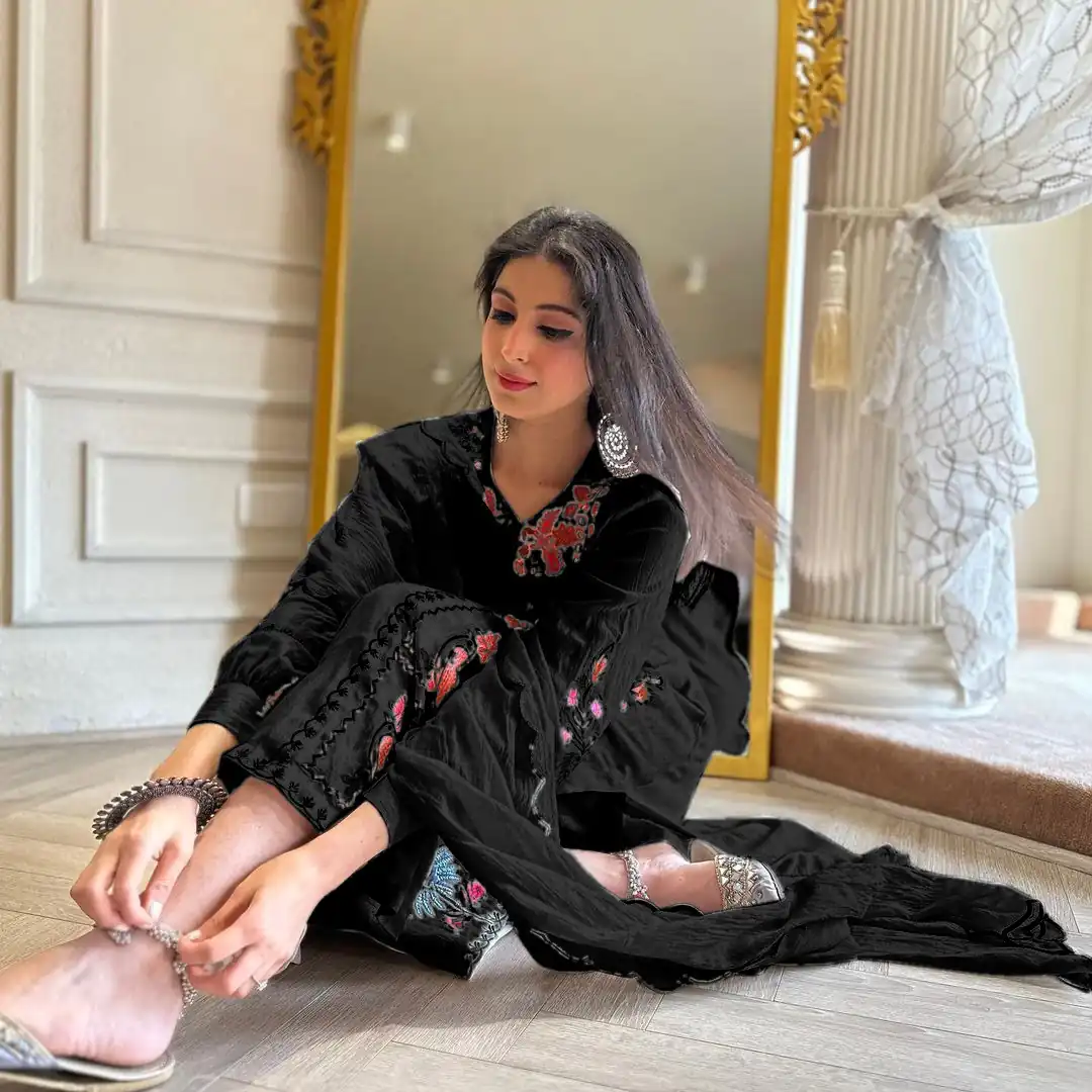 AD118 Black Color Georgette Embroidery Work Salwar Suit Casual, Wedding, Festive, Events Etc. Expected Delivery 4-6 Working Days @1950/- | Jump Suits, Casual Suits, Creative suits, Designer Suits, Palazzo Suits, Party Wear Suits, Salwar suit, Straight Suits