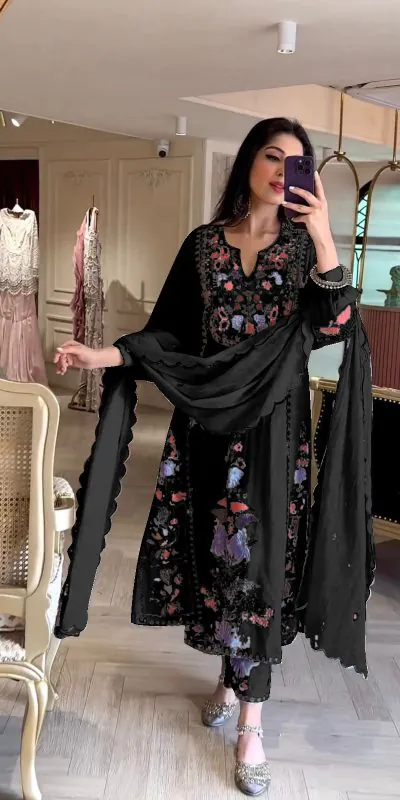 AD118 Black Color Georgette Embroidery Work Salwar Suit Casual, Wedding, Festive, Events Etc. Expected Delivery 4-6 Working Days @1950/- | Jump Suits, Casual Suits, Creative suits, Designer Suits, Palazzo Suits, Party Wear Suits, Salwar suit, Straight Suits