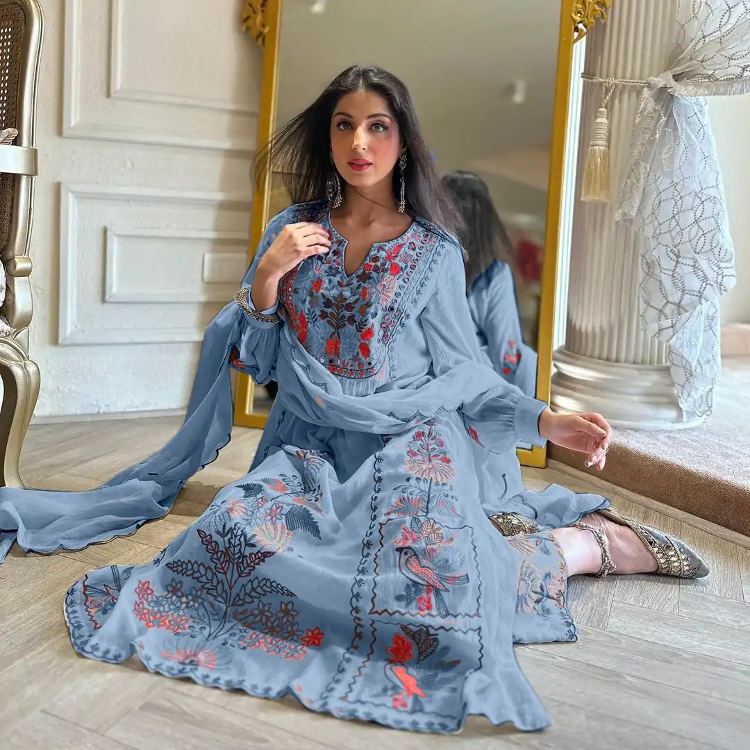 AD118 Blue Color Georgette Embroidery Work Salwar Suit Casual, Wedding, Festive, Events Etc. Expected Delivery 4-6 Working Days @1950/- | Jump Suits, Casual Suits, Creative suits, Designer Suits, Palazzo Suits, Party Wear Suits, Salwar suit, Straight Suits