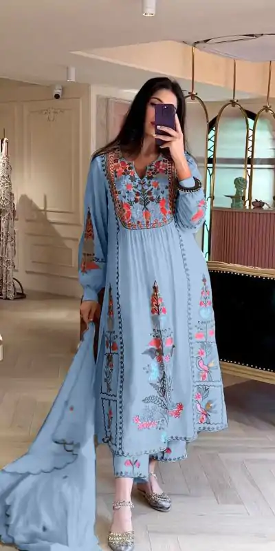 AD118 Blue Color Georgette Embroidery Work Salwar Suit Casual, Wedding, Festive, Events Etc. Expected Delivery 4-6 Working Days @1950/- | Jump Suits, Casual Suits, Creative suits, Designer Suits, Palazzo Suits, Party Wear Suits, Salwar suit, Straight Suits