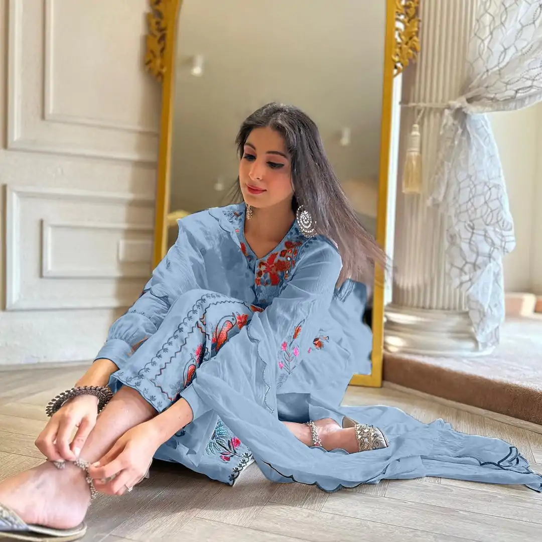 AD118 Blue Color Georgette Embroidery Work Salwar Suit Casual, Wedding, Festive, Events Etc. Expected Delivery 4-6 Working Days @1950/- | Jump Suits, Casual Suits, Creative suits, Designer Suits, Palazzo Suits, Party Wear Suits, Salwar suit, Straight Suits