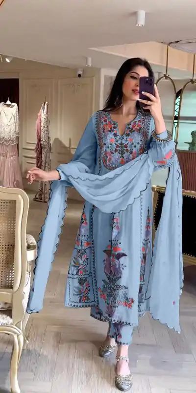 AD118 Blue Color Georgette Embroidery Work Salwar Suit Casual, Wedding, Festive, Events Etc. Expected Delivery 4-6 Working Days @1950/- | Jump Suits, Casual Suits, Creative suits, Designer Suits, Palazzo Suits, Party Wear Suits, Salwar suit, Straight Suits