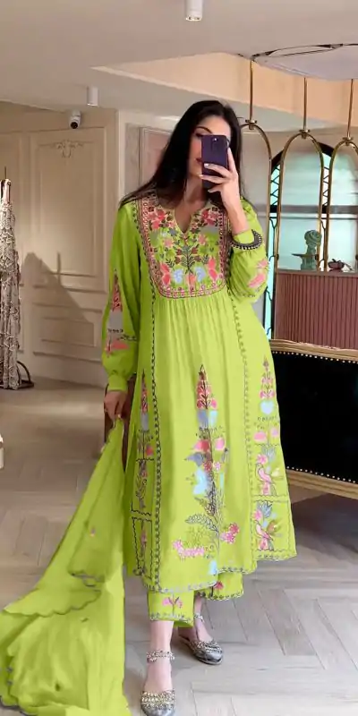 AD 118 Green Color Georgette Embroidery Work Salwar Suit Casual, Wedding, Festive, Events Etc. Expected Delivery  4-6 Working Days @1950/- | Jump Suits, Casual Suits, Creative suits, Designer Suits, Palazzo Suits, Party Wear Suits, Salwar suit, Straight Suits