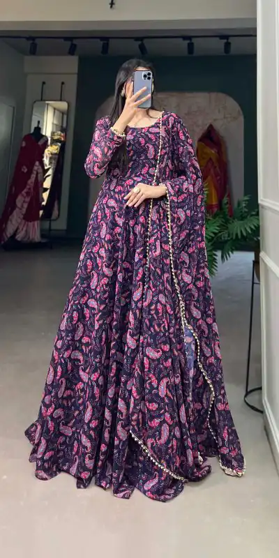 YNF 5008 Purple Color Georgette Floral Printed Party Wear Gown Casual, Wedding, Party, Festive, Events Etc. Expected Delivery 4-6 Working Days 1799/- | Bollywood Gowns, Creative Gowns, Designer Gowns, Embroidered Gowns, Gowns, Party Wear Gowns
