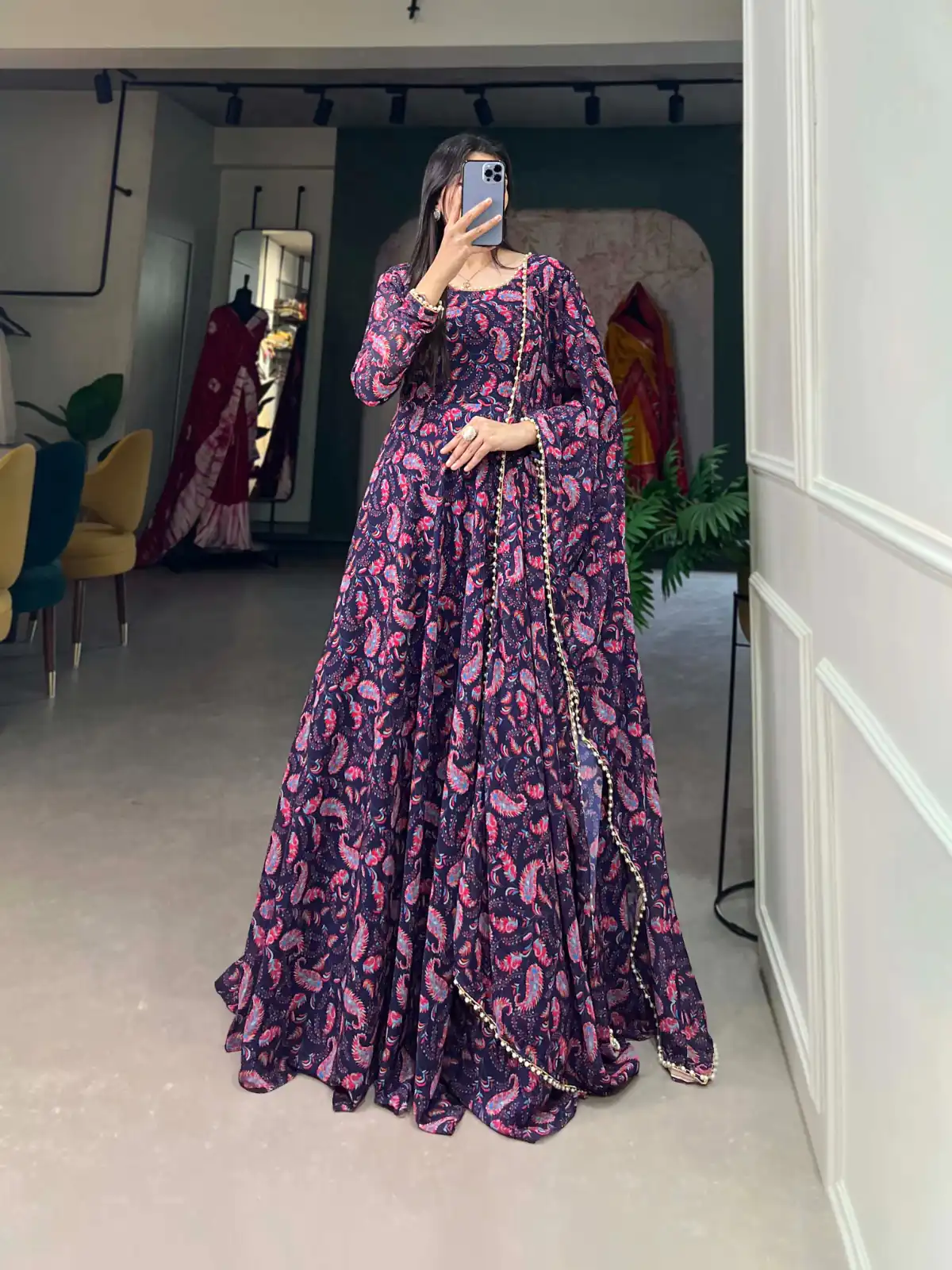 YNF 5008 Purple Color Georgette Floral Printed Party Wear Gown Casual, Wedding, Party, Festive, Events Etc. Expected Delivery 4-6 Working Days 1799/- | Bollywood Gowns, Creative Gowns, Designer Gowns, Embroidered Gowns, Gowns, Party Wear Gowns