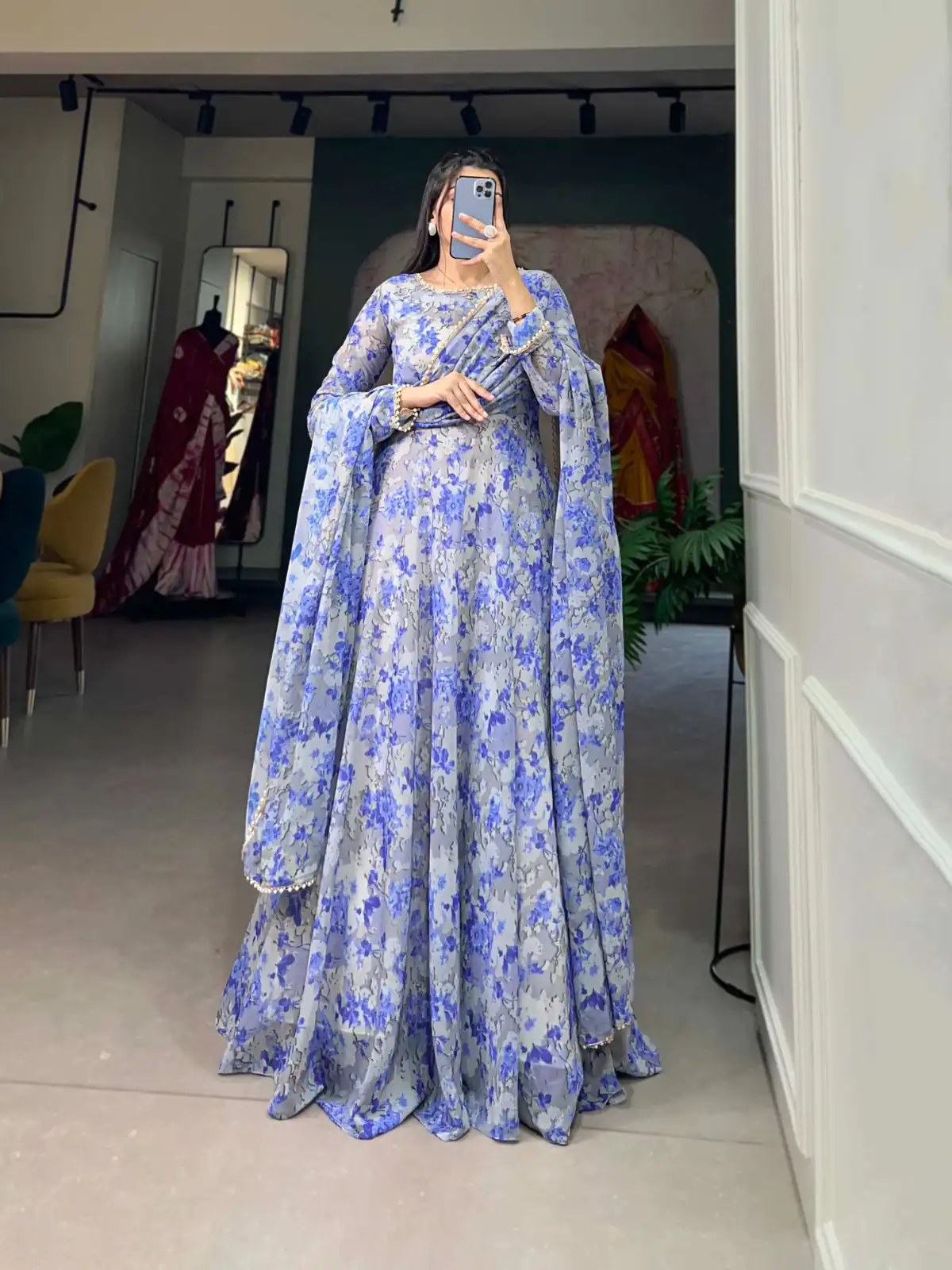YNF 5008 Voilet Color Georgette Floral Printed Party Wear Gown Casual, Wedding, Party, Festive, Events Etc. Expected Delivery 4-6 Working Days 1799/- | Bollywood Gowns, Creative Gowns, Designer Gowns, Embroidered Gowns, Gowns, Party Wear Gowns