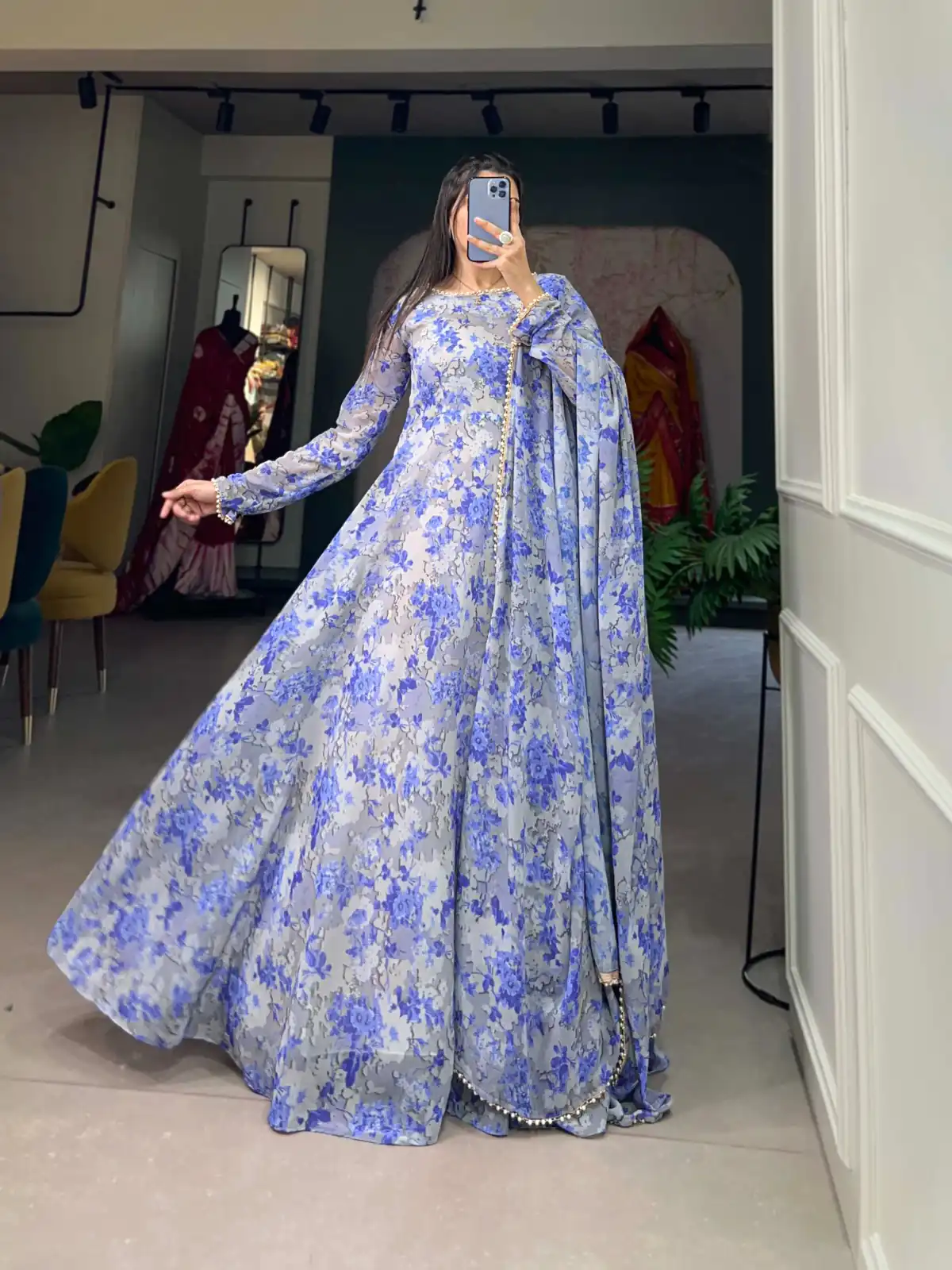 YNF 5008 Voilet Color Georgette Floral Printed Party Wear Gown Casual, Wedding, Party, Festive, Events Etc. Expected Delivery 4-6 Working Days 1799/- | Bollywood Gowns, Creative Gowns, Designer Gowns, Embroidered Gowns, Gowns, Party Wear Gowns