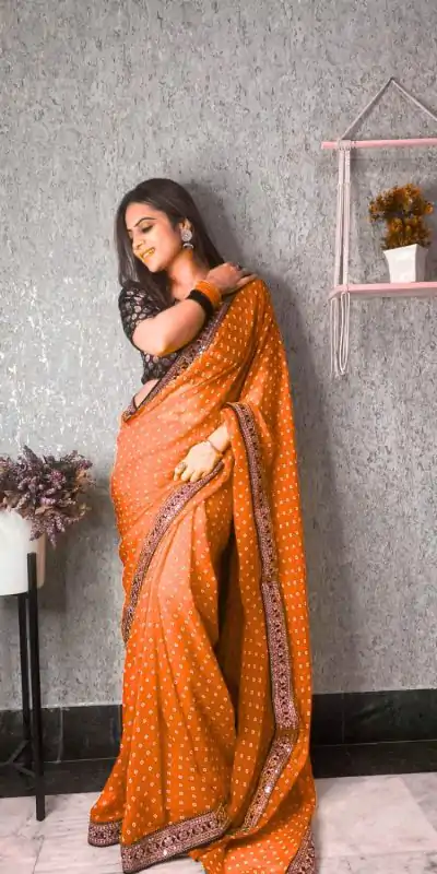 JR 543 Orange Color Printed Georgette With Sequence Embroidery Lace Saree Casual, Party Wear, Wedding, Events Etc. Expected Delivery 4-6 Working Days 1449/- | Bollywood Sarees, Creative Sarees, Designer Sarees, Embroidered Sarees, Ethnic Saree, Modern Digital sarees, Party Wear Sarees, Sarees