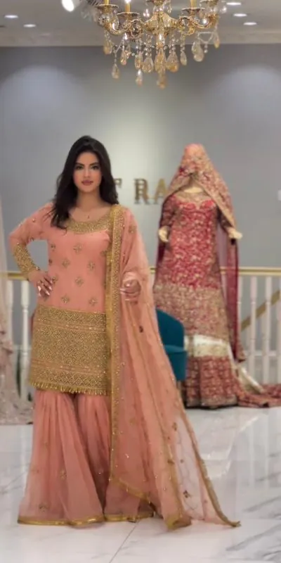 ZSR 3052 orange : Faux Georgette Embroidery Sequence  Work : Heavy Lace Work Party Wear Sharara Suit Casual, Wedding 2099/- | Casual Suits, Creative suits, Designer Suits, Palazzo Suits, Party Wear Suits, Salwar suit, Straight Suits