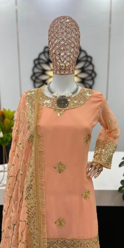 ZSR 3052 orange : Faux Georgette Embroidery Sequence  Work : Heavy Lace Work Party Wear Sharara Suit Casual, Wedding 2099/- | Casual Suits, Creative suits, Designer Suits, Palazzo Suits, Party Wear Suits, Salwar suit, Straight Suits