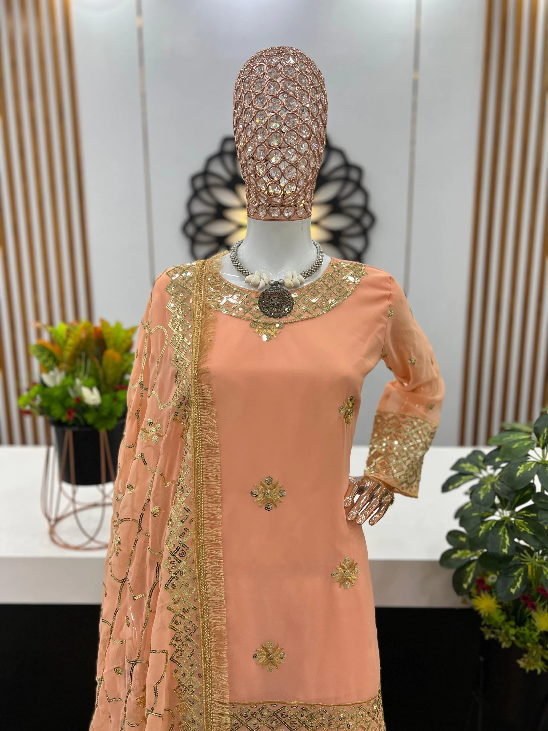 ZSR 3052 orange : Faux Georgette Embroidery Sequence  Work : Heavy Lace Work Party Wear Sharara Suit Casual, Wedding 2099/- | Casual Suits, Creative suits, Designer Suits, Palazzo Suits, Party Wear Suits, Salwar suit, Straight Suits