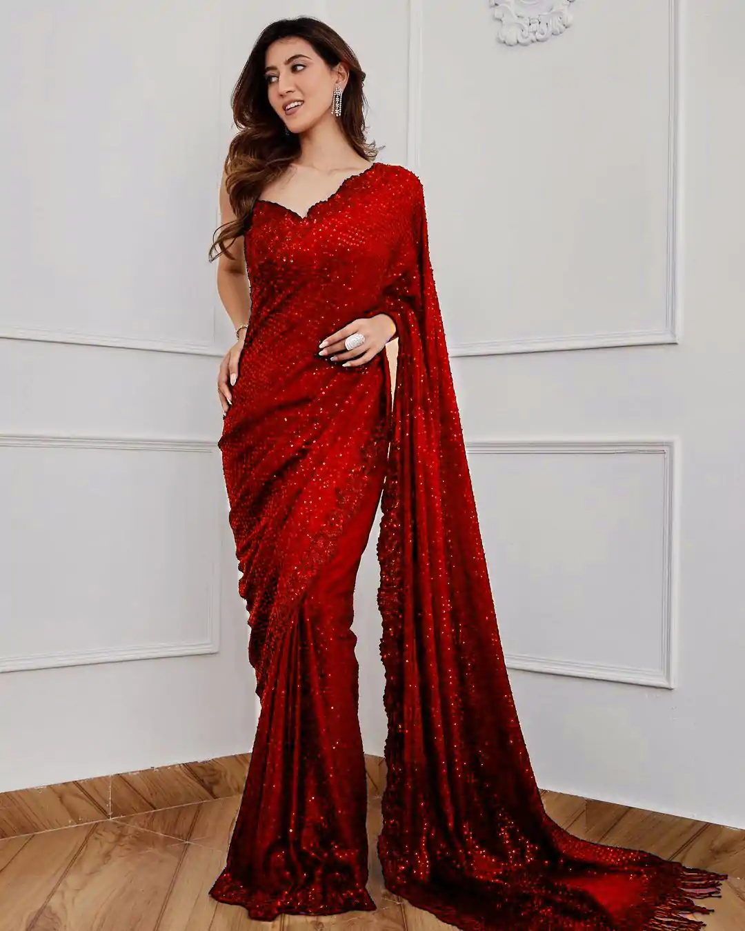 DF 3312 Red Color Georgette Embroidery Sequins Work Saree Casual, Party Wear, Wedding, Events Etc Delivery Expected.4-6 Working Days 1899/- | Bollywood Sarees, Creative Sarees, Designer Sarees, Embroidered Sarees, Ethnic Saree, Modern Digital sarees, Party Wear Sarees, Sarees