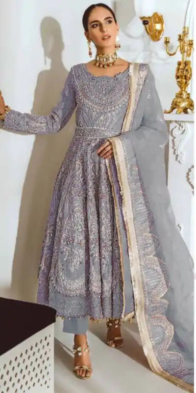 grey color anarkali dress Light Grey Embroidered Anarkali  FALAKENOOR