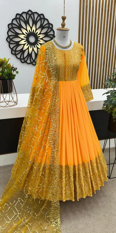 ZSR 3059 Yellow Color Georgette Embroidery Sequence Work Gown Casual, Wedding, Party, Festive, Events Etc. Expected Delivery 4-6 Working Days 2050/- | Bollywood Gowns, Creative Gowns, Designer Gowns, Embroidered Gowns, Gowns, Party Wear Gowns