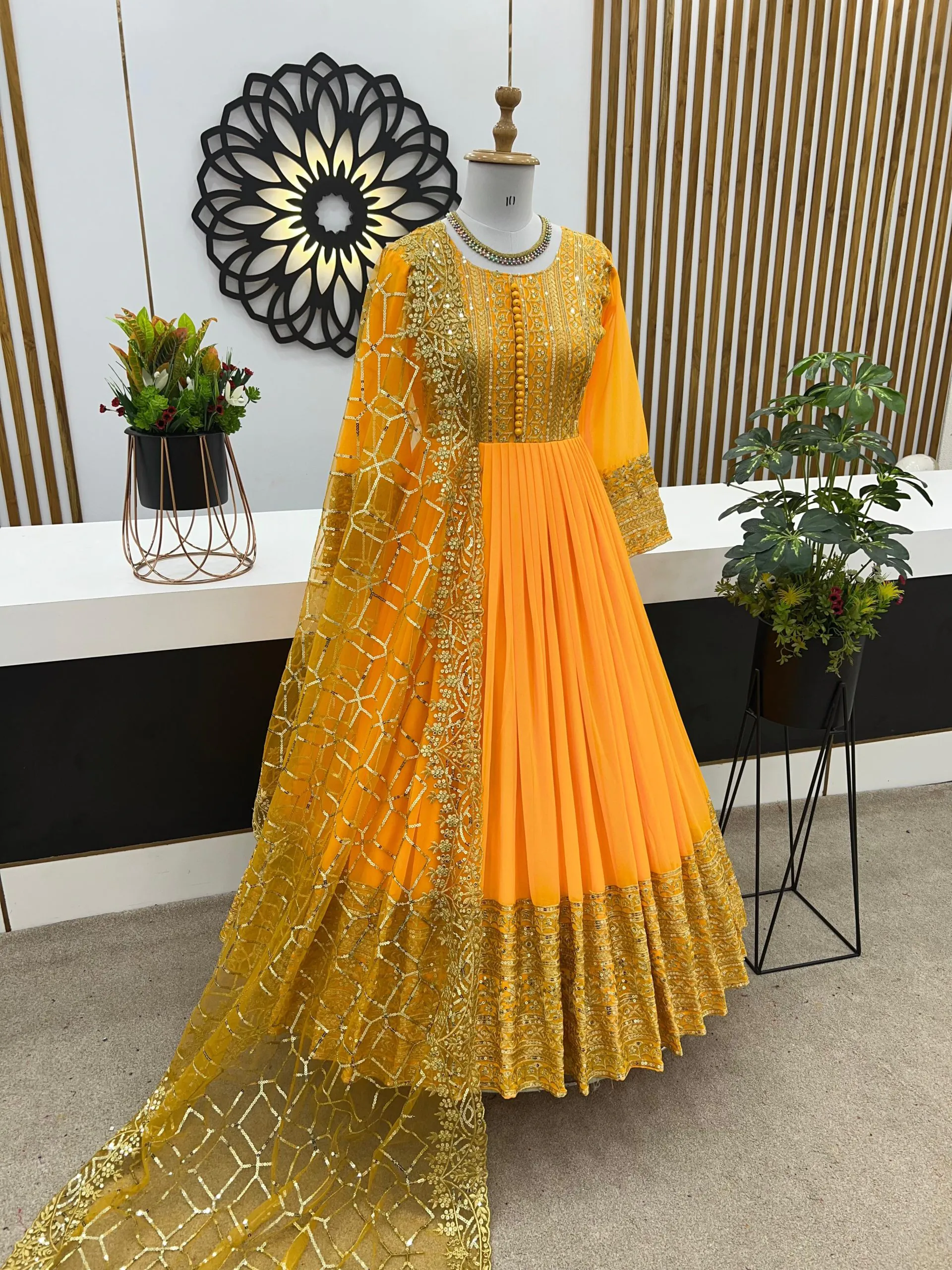 ZSR 3059 Yellow Color Georgette Embroidery Sequence Work Gown Casual, Wedding, Party, Festive, Events Etc. Expected Delivery 4-6 Working Days 2050/- | Bollywood Gowns, Creative Gowns, Designer Gowns, Embroidered Gowns, Gowns, Party Wear Gowns