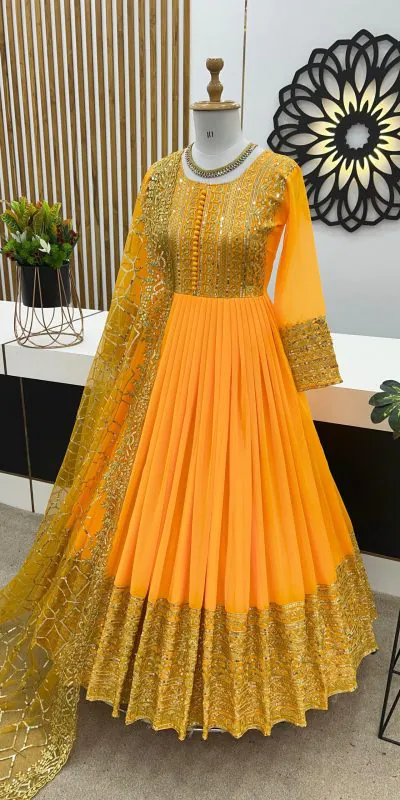 ZSR 3059 Yellow Color Georgette Embroidery Sequence Work Gown Casual, Wedding, Party, Festive, Events Etc. Expected Delivery 4-6 Working Days 2050/- | Bollywood Gowns, Creative Gowns, Designer Gowns, Embroidered Gowns, Gowns, Party Wear Gowns