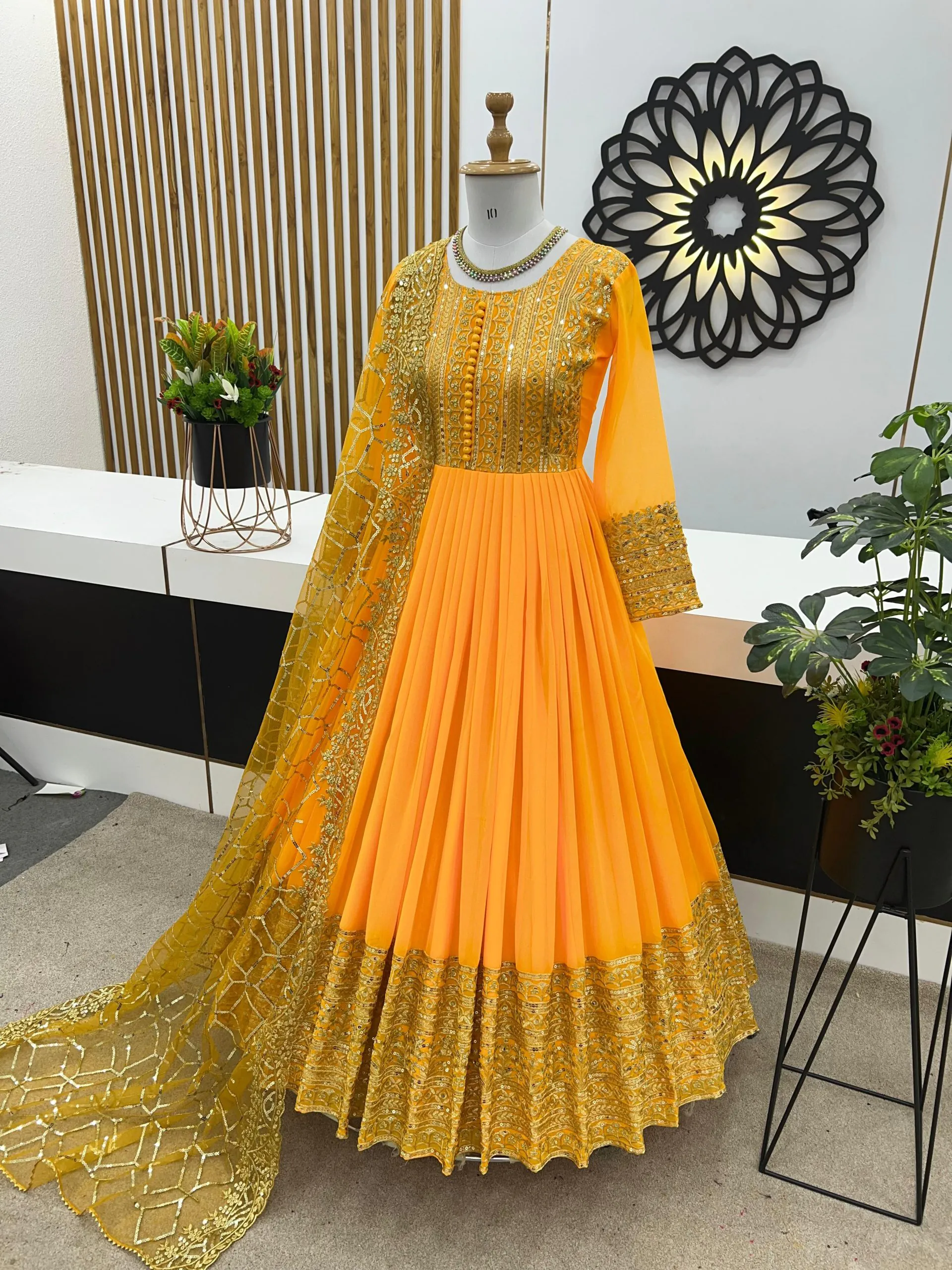 ZSR 3059 Yellow Color Georgette Embroidery Sequence Work Gown Casual, Wedding, Party, Festive, Events Etc. Expected Delivery 4-6 Working Days 2050/- | Bollywood Gowns, Creative Gowns, Designer Gowns, Embroidered Gowns, Gowns, Party Wear Gowns
