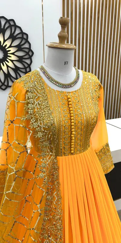ZSR 3059 Yellow Color Georgette Embroidery Sequence Work Gown Casual, Wedding, Party, Festive, Events Etc. Expected Delivery 4-6 Working Days 2050/- | Bollywood Gowns, Creative Gowns, Designer Gowns, Embroidered Gowns, Gowns, Party Wear Gowns