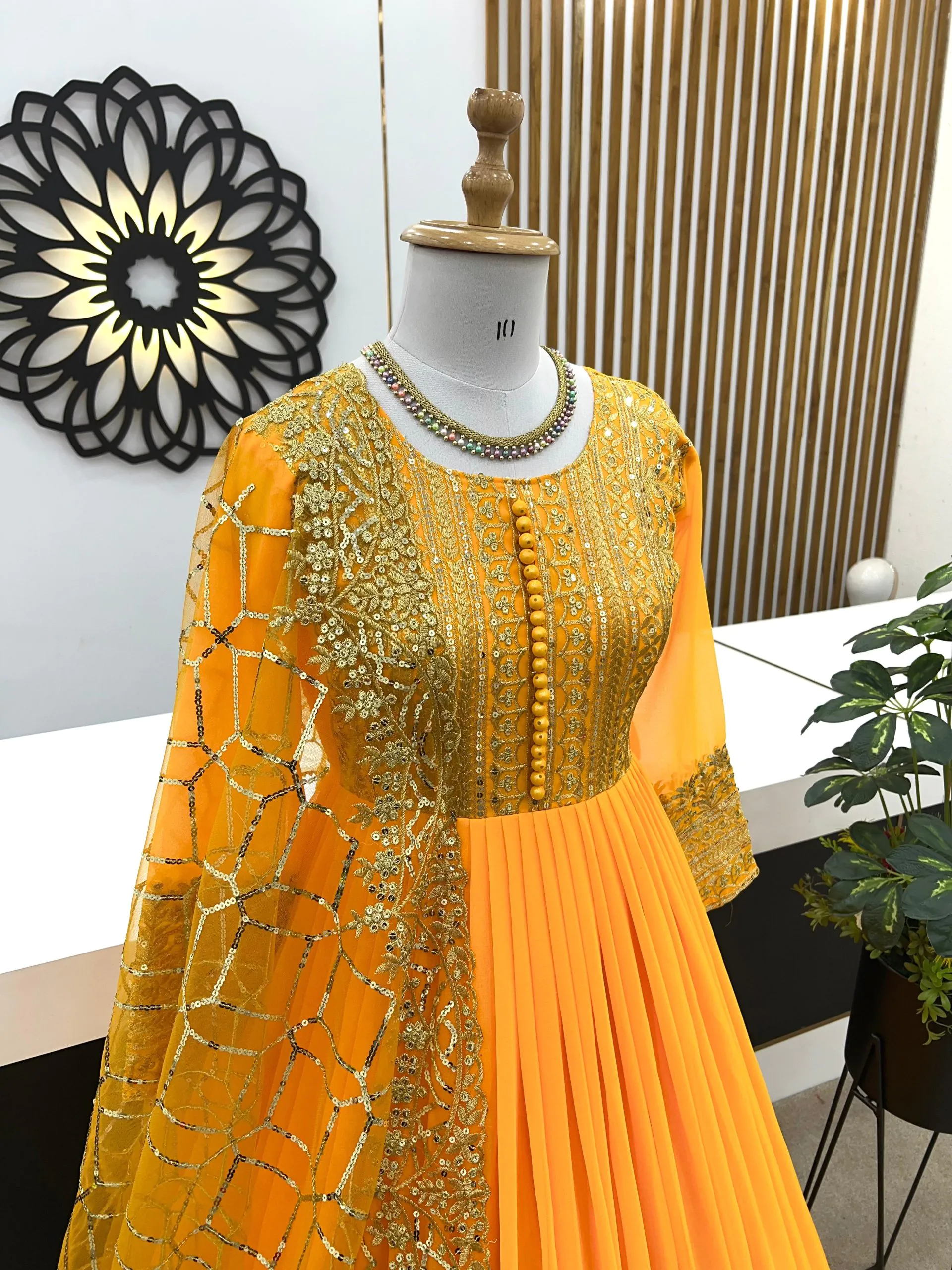ZSR 3059 Yellow Color Georgette Embroidery Sequence Work Gown Casual, Wedding, Party, Festive, Events Etc. Expected Delivery 4-6 Working Days 2050/- | Bollywood Gowns, Creative Gowns, Designer Gowns, Embroidered Gowns, Gowns, Party Wear Gowns
